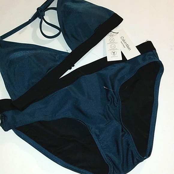 ☆NWT☆CALVIN KLEIN Women's Triangle Cut   Blue Cypress Shimmer Halter Tie Bikini - Picture 13 of 16
